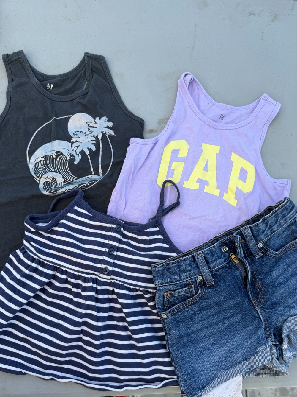 3 tank tops and one short GAP Lavender Tank Top with Yellow Logo - Kids in